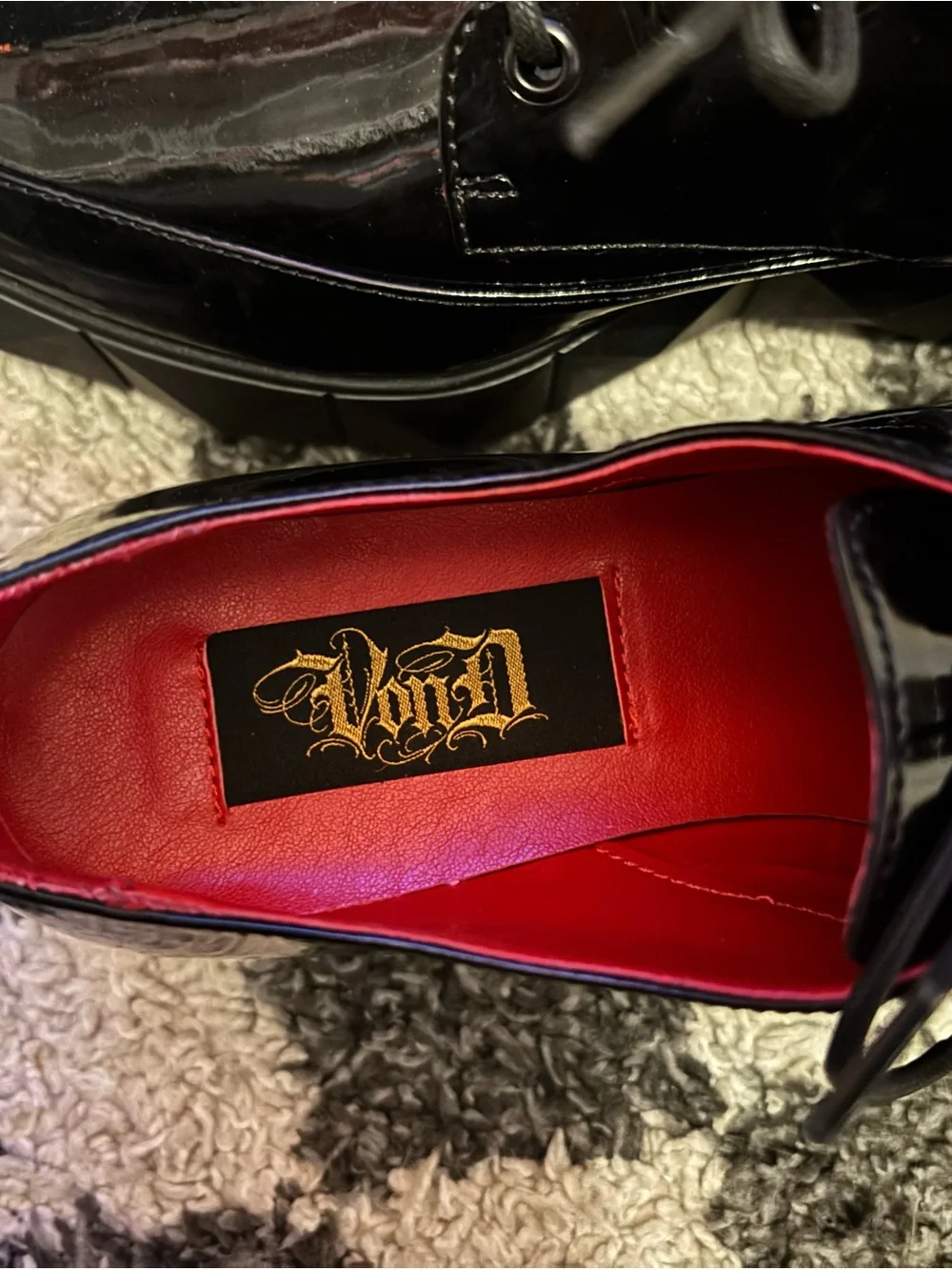 Women's Black Patent Platform Kay Von D Oxford stylLace-Up Shoes with Red Lining